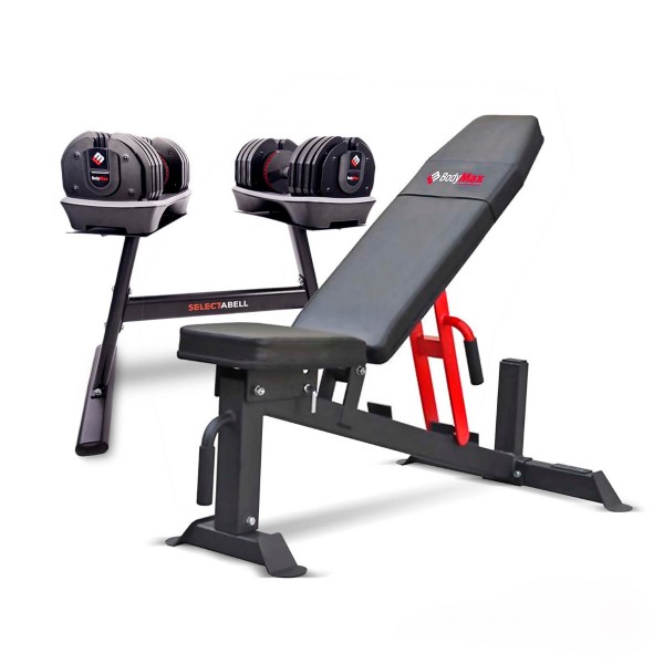 BodyMax 36Kg Selectabell 18-in-1 Dumbbell (Pair) with Dumbbell Stand & BodyMax Bench 