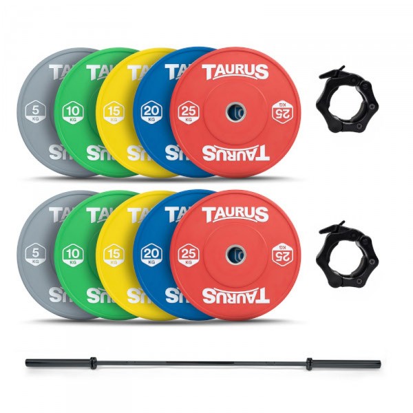 The Taurus 150kg Bumper Coloured Olympic Weight Set with Bar features the 150kg Taurus Coloured Olympic Rubber Bumper Weight Plates Set, Taurus 7ft Cerakote Black Barbell, and Taurus Olympic Weight Collars/Clips. Enhance your training regimen with quality equipment.